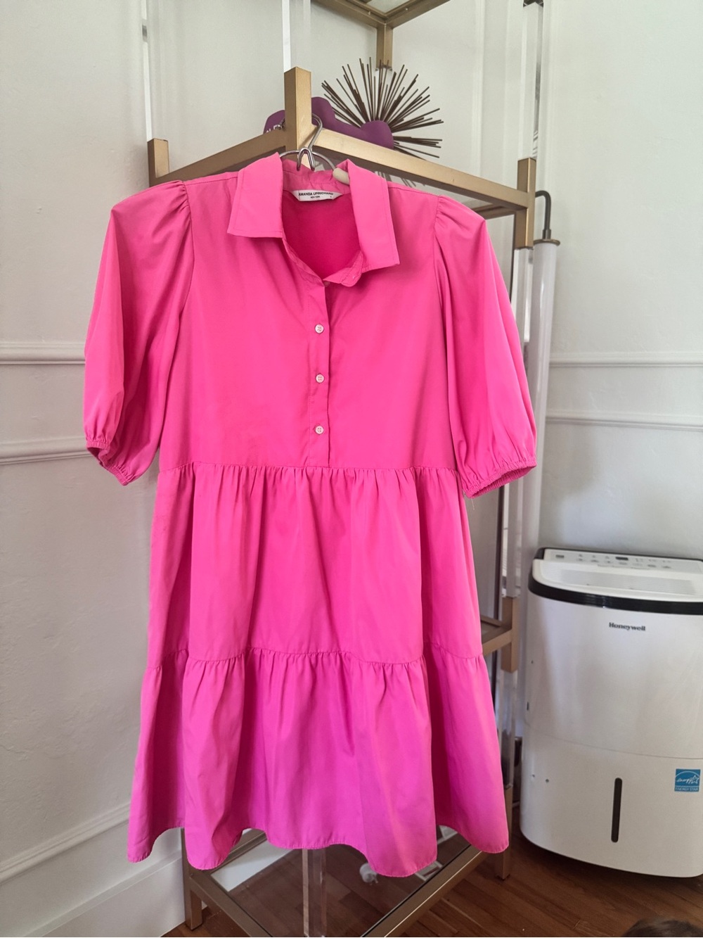 Amanda Uprichard Pierre Pink Tiered Puff-Sleeve Shirt Dress